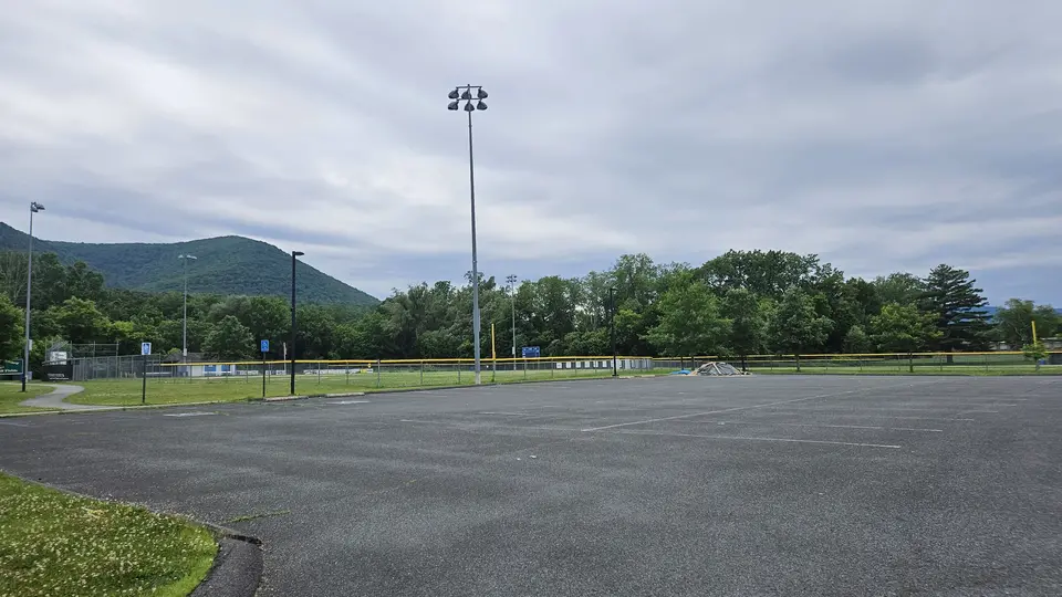 Another parking lot with designated handicap spots.