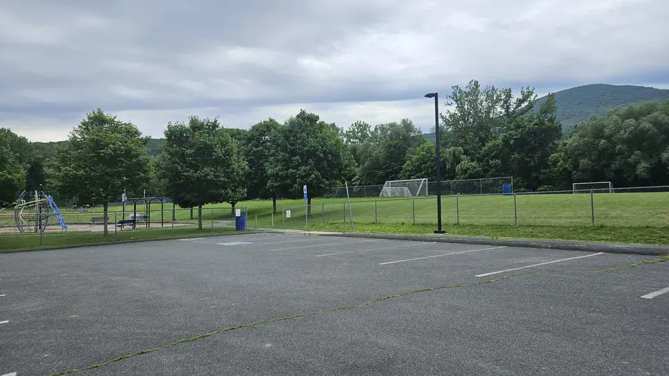 One of the parking lots with designated handicap spots.