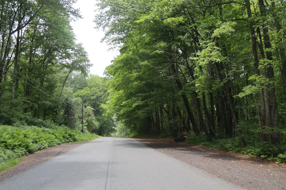 View of Home Road northbound at the Appalachian trail intersection, with avaliable parking on both sides of the road.
