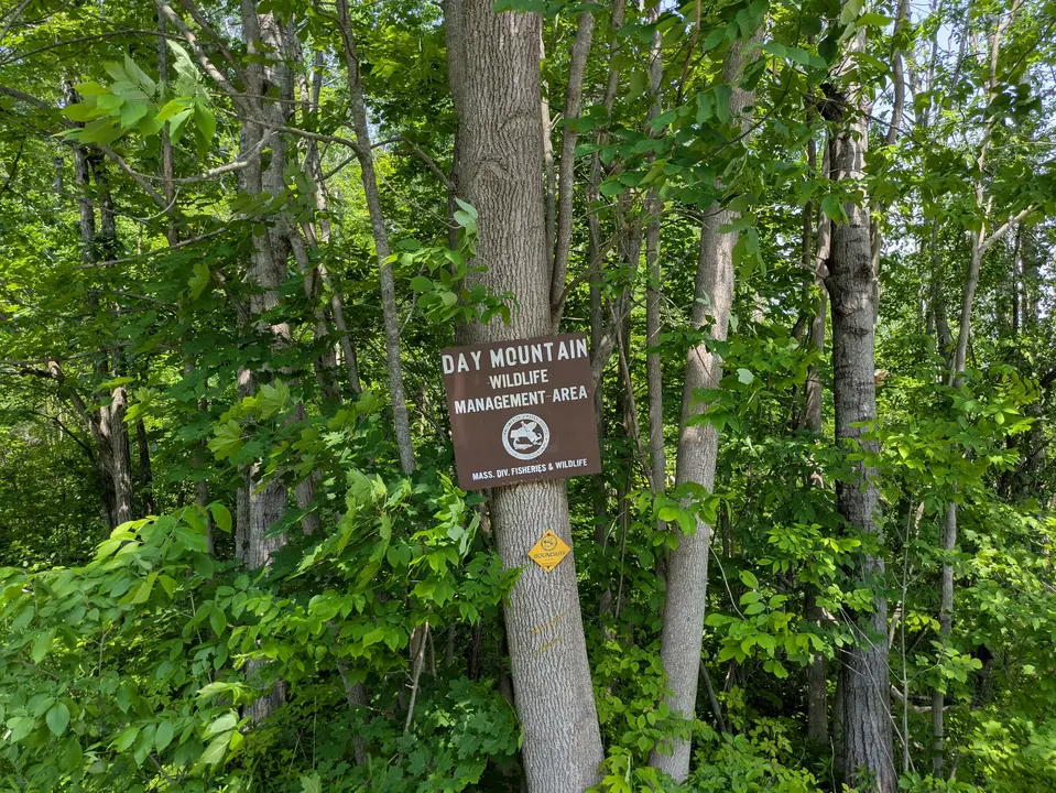 Entrance Sign to Day Mountain WMA seen from East St