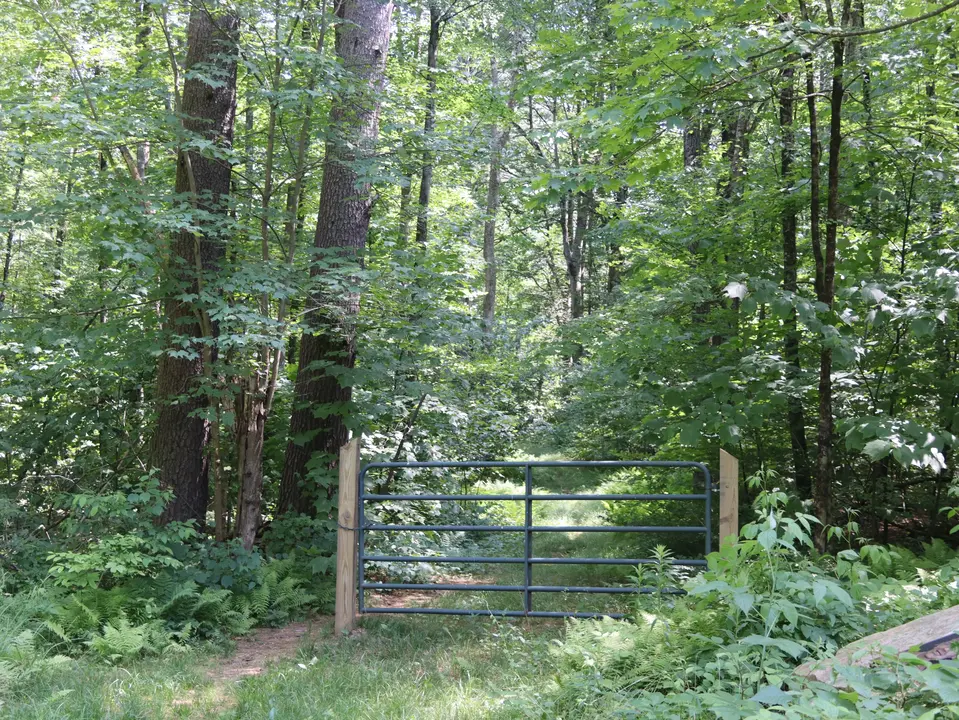 Entrance to the Elizabeth Woods trail through a narrow gate.
