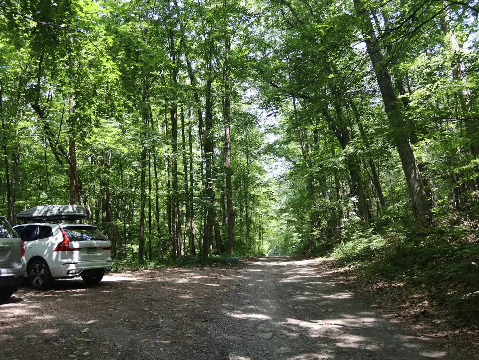 Parking area (left) for the Gorge Trail, off Woodland Road.