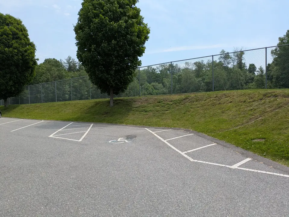 Accessible parking spot on the lower end of the parking lot