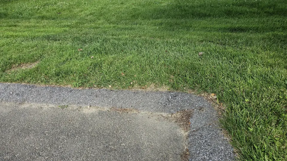The sloped curb into the grass from the parking lot.