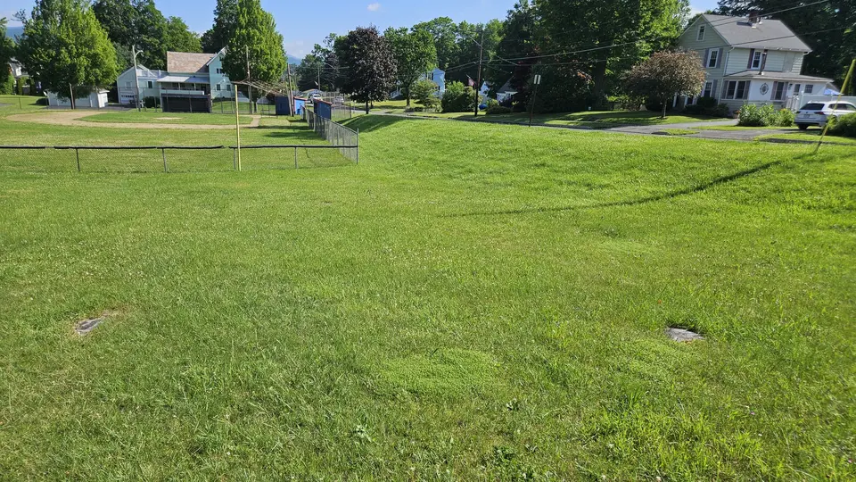 The sloped grass leading to the park.