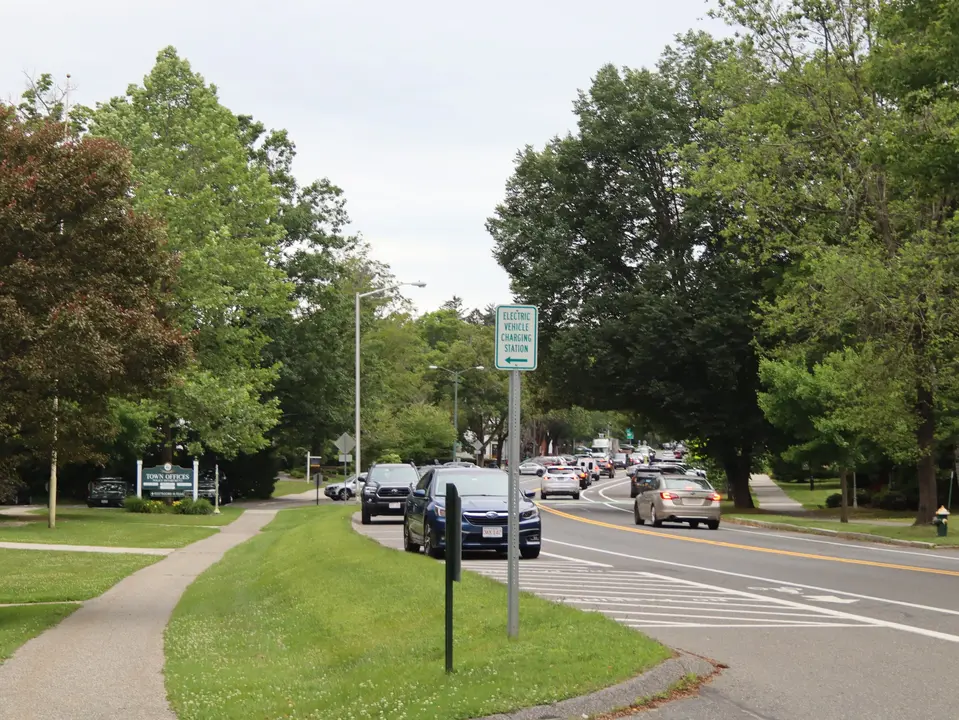 Entrance to the parking for Laurel Hill Park (behind Stockbridge Town Hall) from Main Street. 