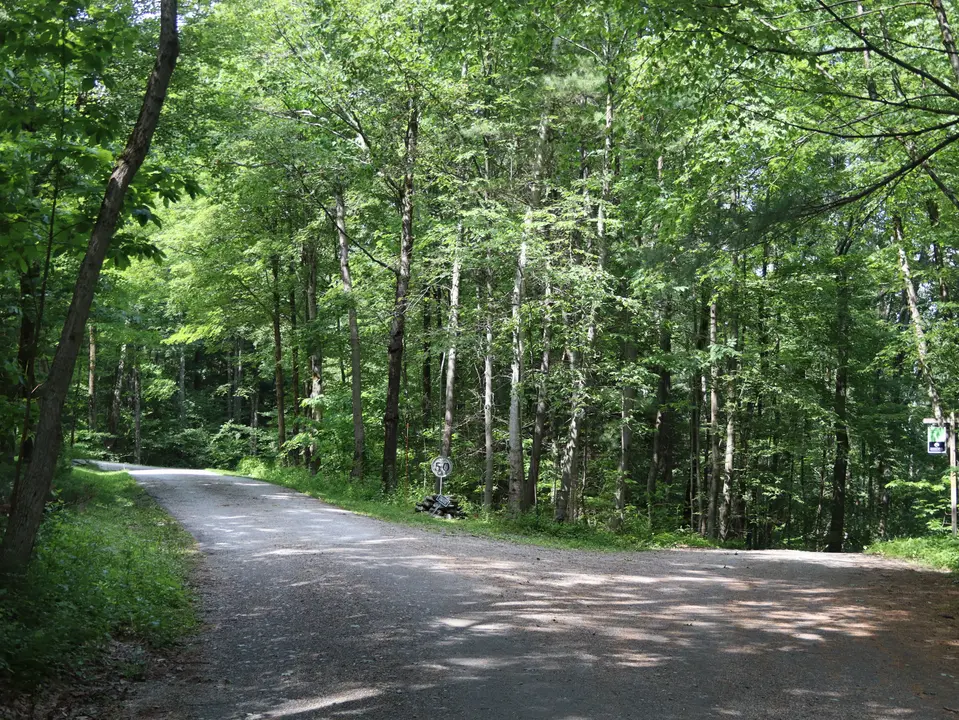 Entrance to the parking area for the Mothers Loop trailhead off Old Village Road. 