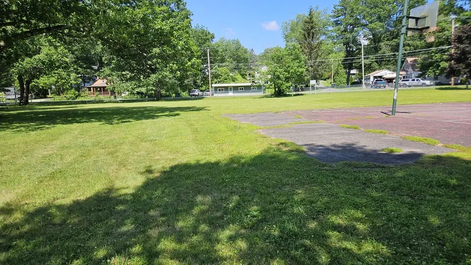 The grass play area and the basketball court