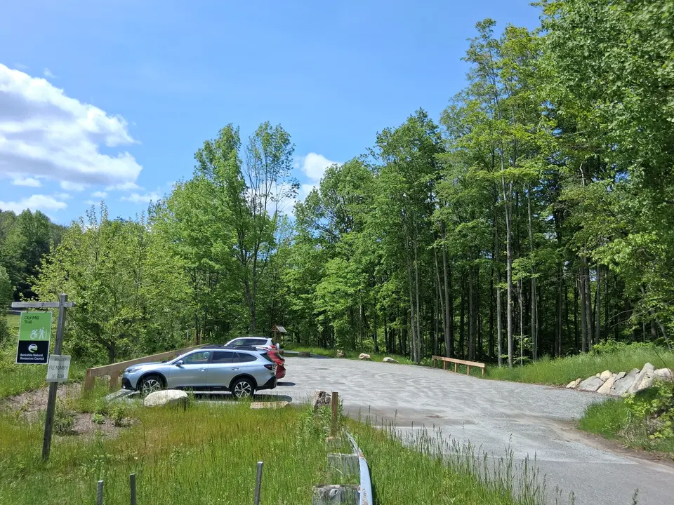 Entrance to the Old Mill trail parking lot at the Hinsdale Trailhead.