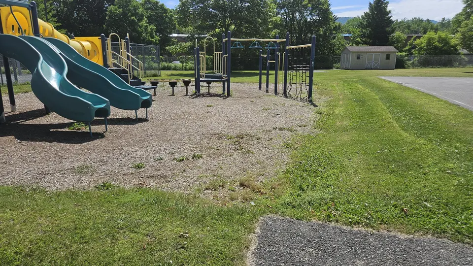 The playground, off the paved path, and with elevated components.