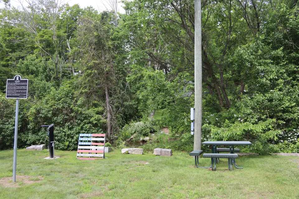 An accessible picnic bench sits next to the parking area in Wilber Park.