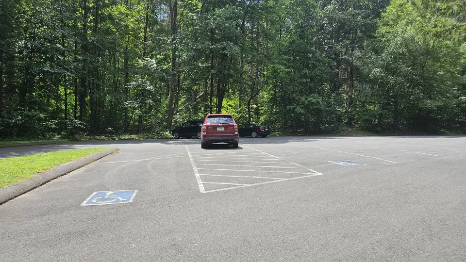 Two designated handicap parking spots in a large paved lot.
