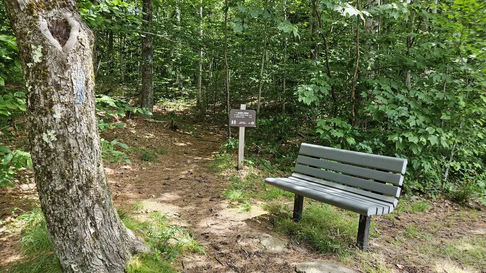 The trailhead, marked by a sign, and a bench by the trailhead.