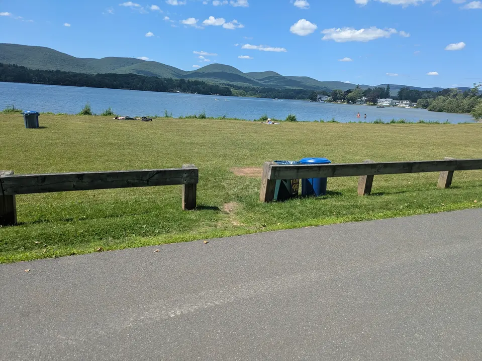 Entrance to grass field in front of Controy Pavilion from Lakeway Drive