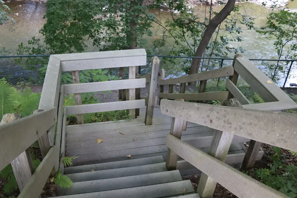 Staircase that descends down to the upstream section of the Housatonic Riverwalk.