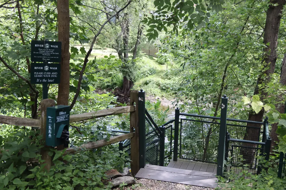 Main street entrance to the Housatonic Riverwalk - upstream.