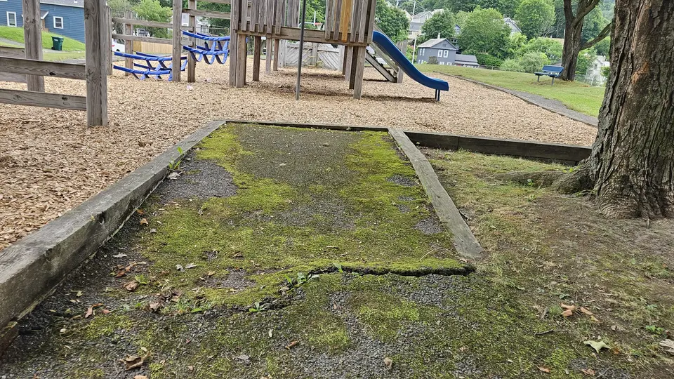 A crack and bump in the path leading up to the playground.