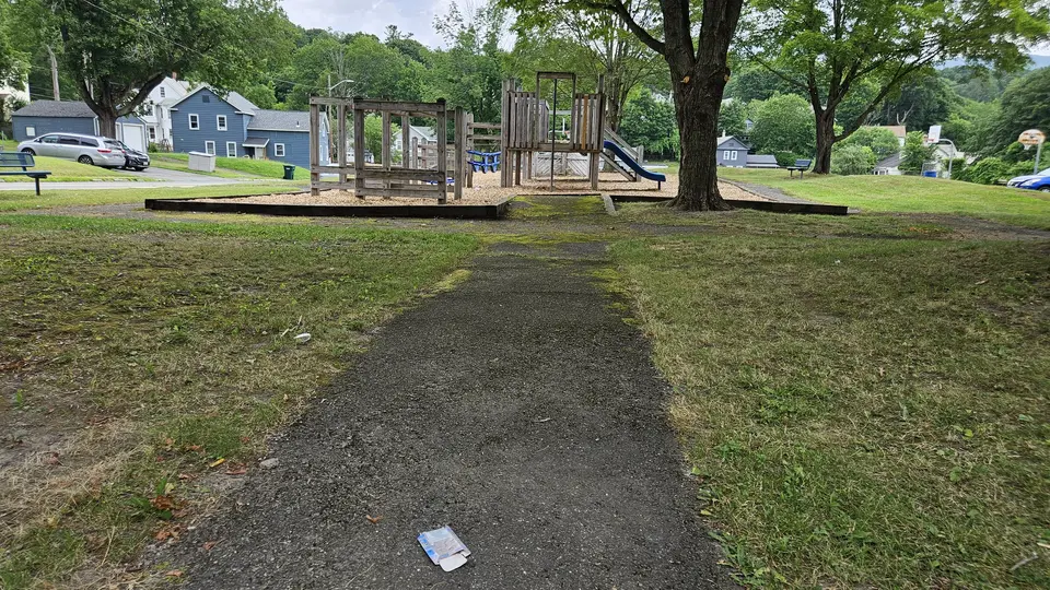 A flat paved path leading from the parking lot to the playground.