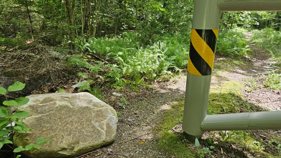 A 2-foot gap between a rock and a fence, that leads into the trail.