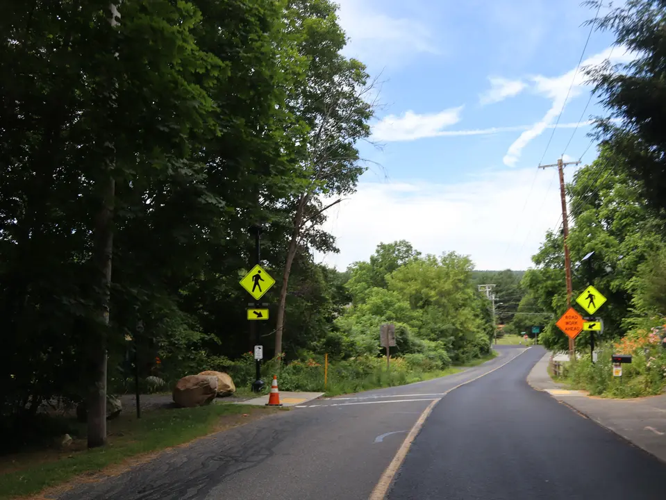 Rail trail crossing at Main Street in Housatonic.
