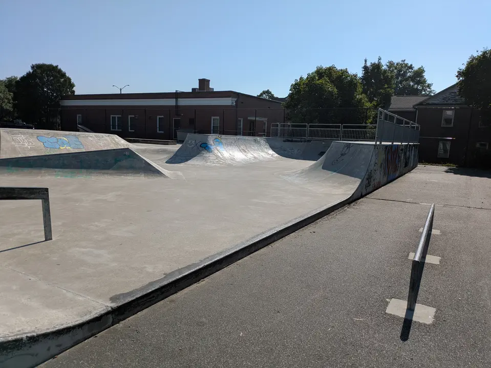 View of the skate plaza showing the lip up onto the park