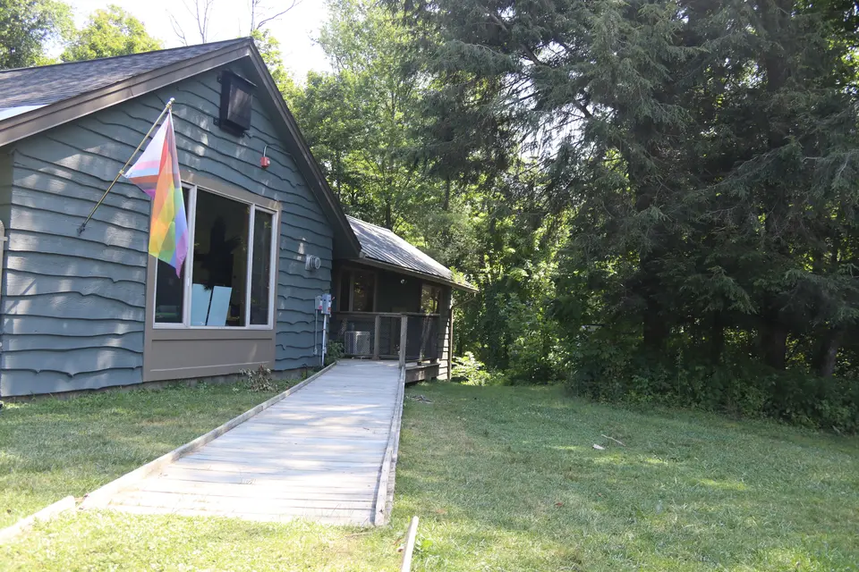 A ramp leads up to the Sanctuarys education center, which is occasionally open to the public, and offers additional accessible restrooms.