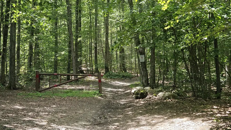 A gate that marks the start of a trail, surrounded by trees.