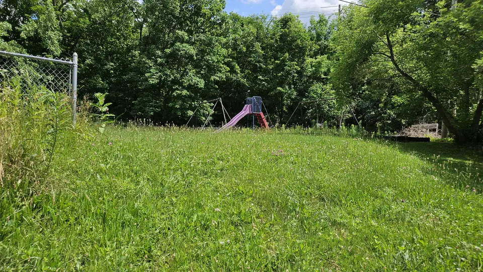 The overgrown grass hill that leads to the park.