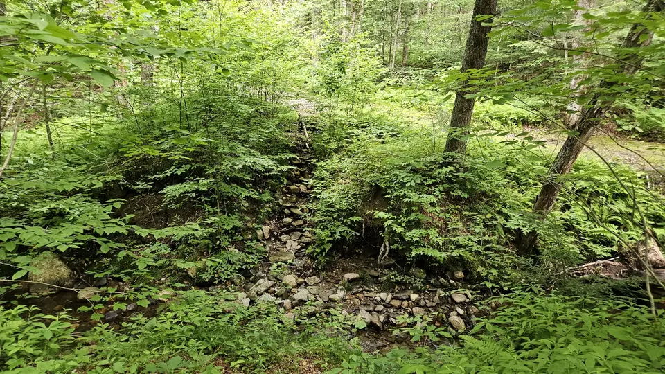 A stream crossing, covered with large rocks, on the trail.