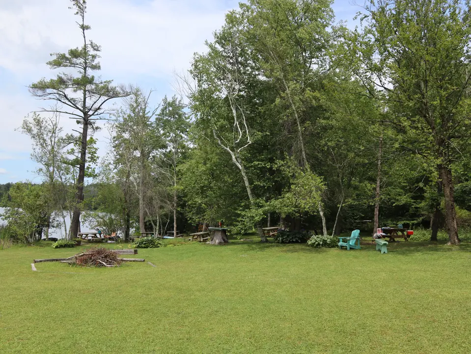 A grassy picnic area overlooking the sandy beach at Laurel Lake.