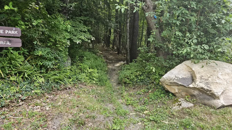 The trailhead, consisting of uneven grass and dirt.
