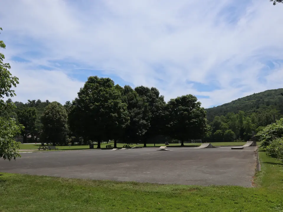 View of Stockbridge Town skatepark, accessible via grass.