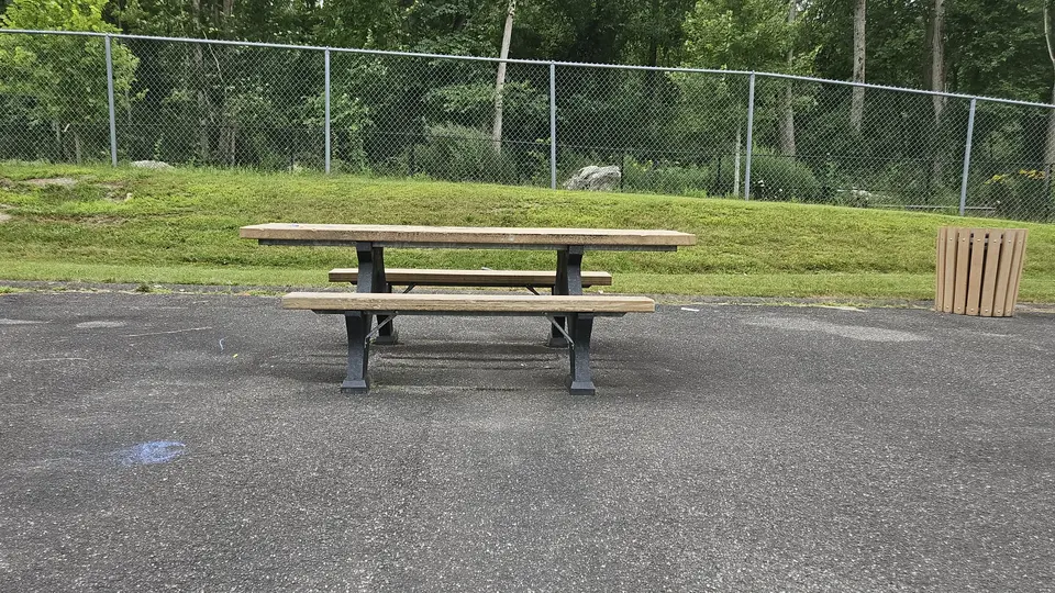 An accessible picnic table in the skate park.