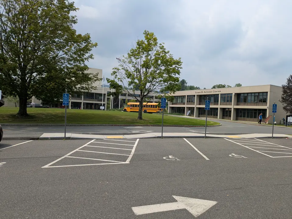Accessible parking spaces in the visitor parking lot
