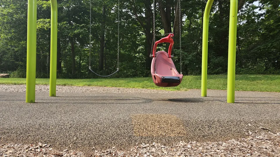 The swingset, with a 2 foot high, inclined bump to reach it.