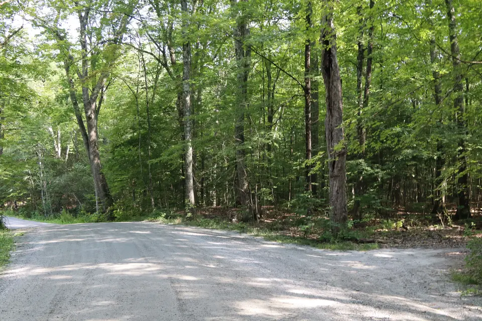 Entrance to a small, dirt parking area for the Rattlesnake Mountain Road Conservation Area (right), off Rattlesnake Mountain Road eastbound.